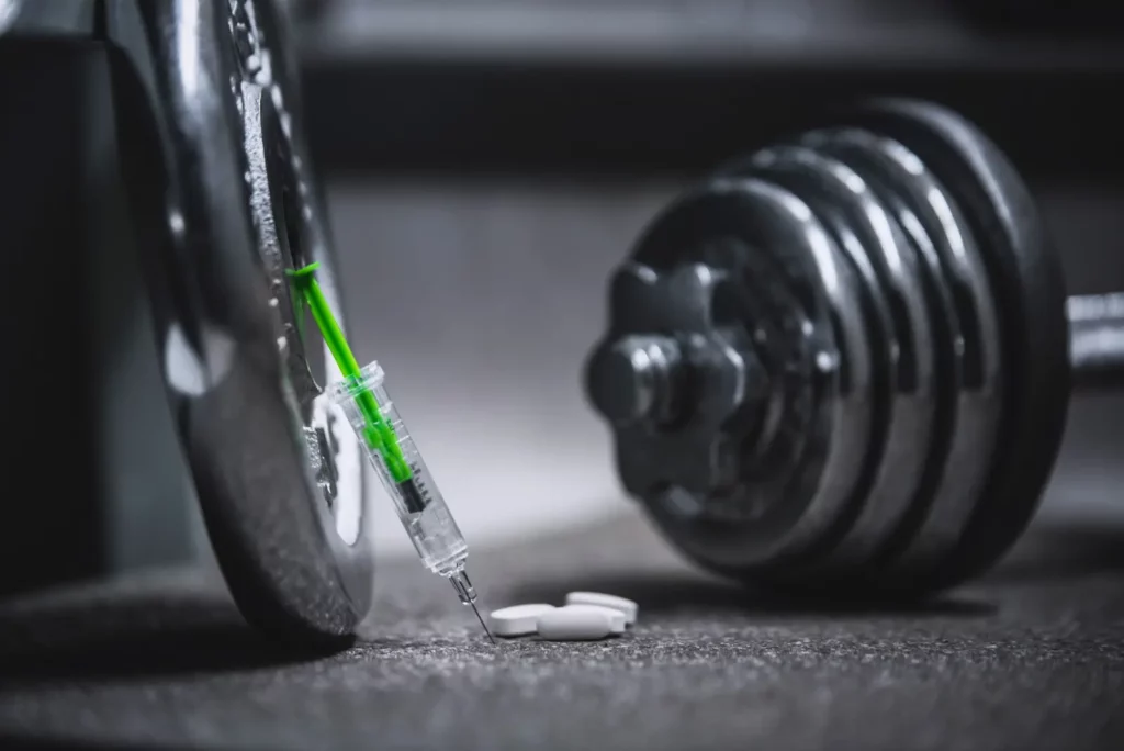 Barbells next to syringe with anabolic steroid and sarms tablets