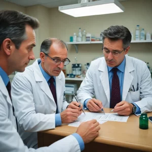 A male doctor in a white coat examines a medical chart displaying testosterone level test results. 