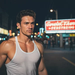 Muscular man in tank top stands confidently by neon sign, embodying signs of high testosterone in men.